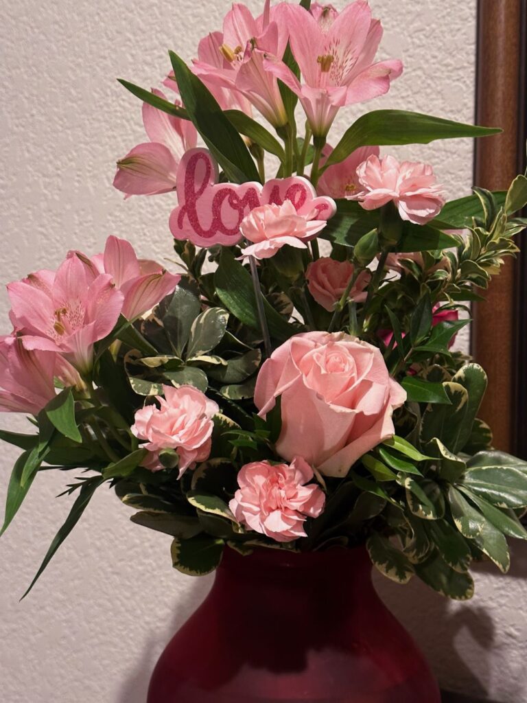 A bouquet of pink flowers.