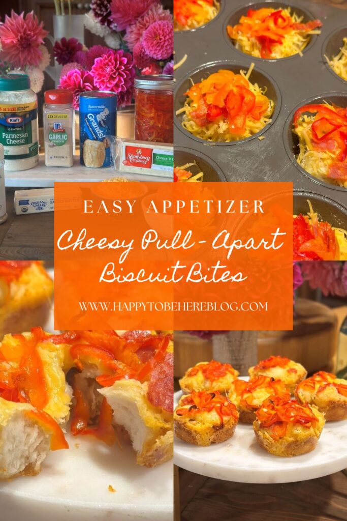 A collage of pictures of the cheesy pull-apart biscuit bites formatted as a pin for Pinterest.