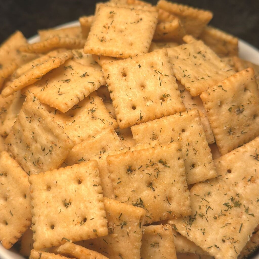 Close-up of dill seasoned crackers.