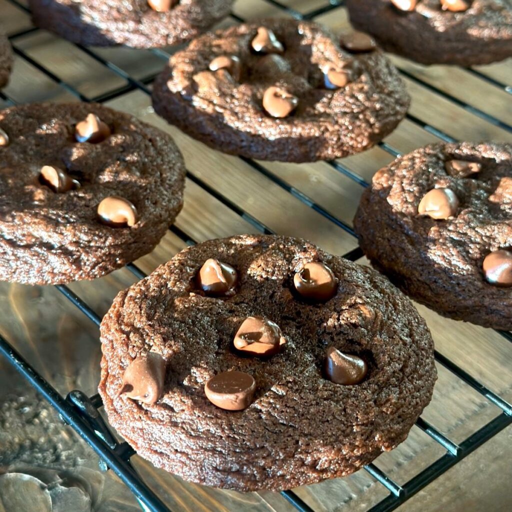 Double Chocolate Chip Cookies on Wire Cooling Rack