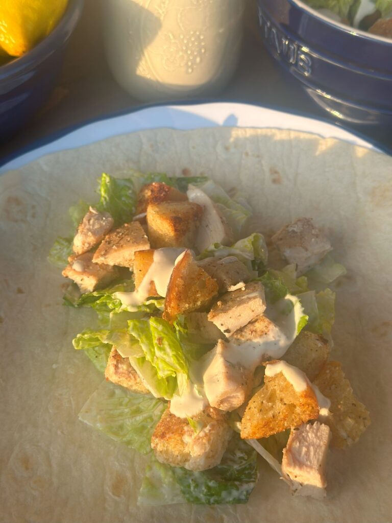 Assembling the Chicken Caesar Wraps