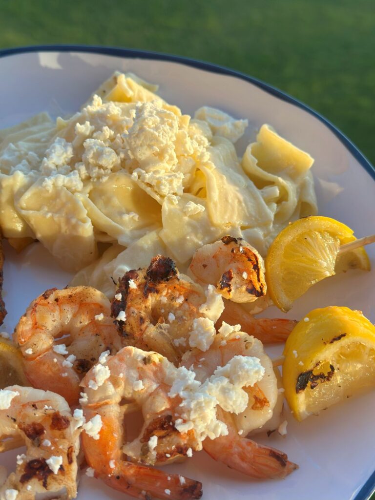 Grilled Shrimp Skewers and Lemon Pasta on Plate for Dinner