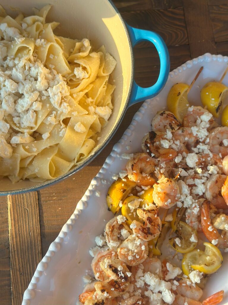 Lemon and Garlic Grilled Shrimp Skewers With A Chef's Oven Full of Easy Lemon Pasta