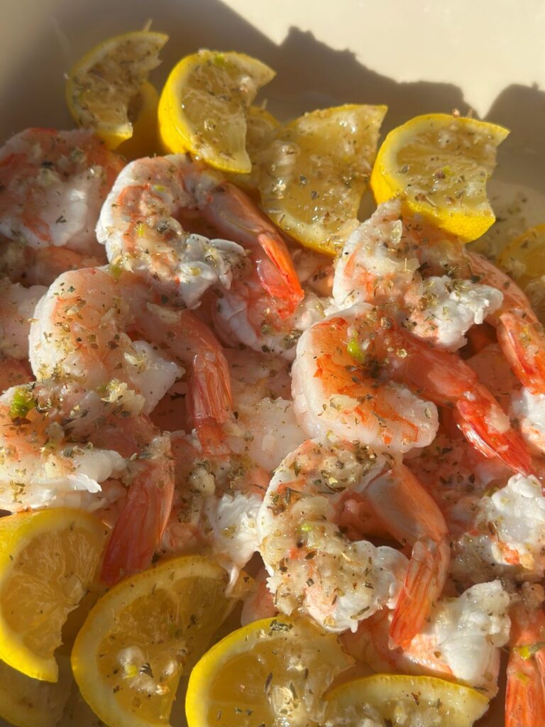 Shrimp Skewers in a Staub Baker Coated in Marinade