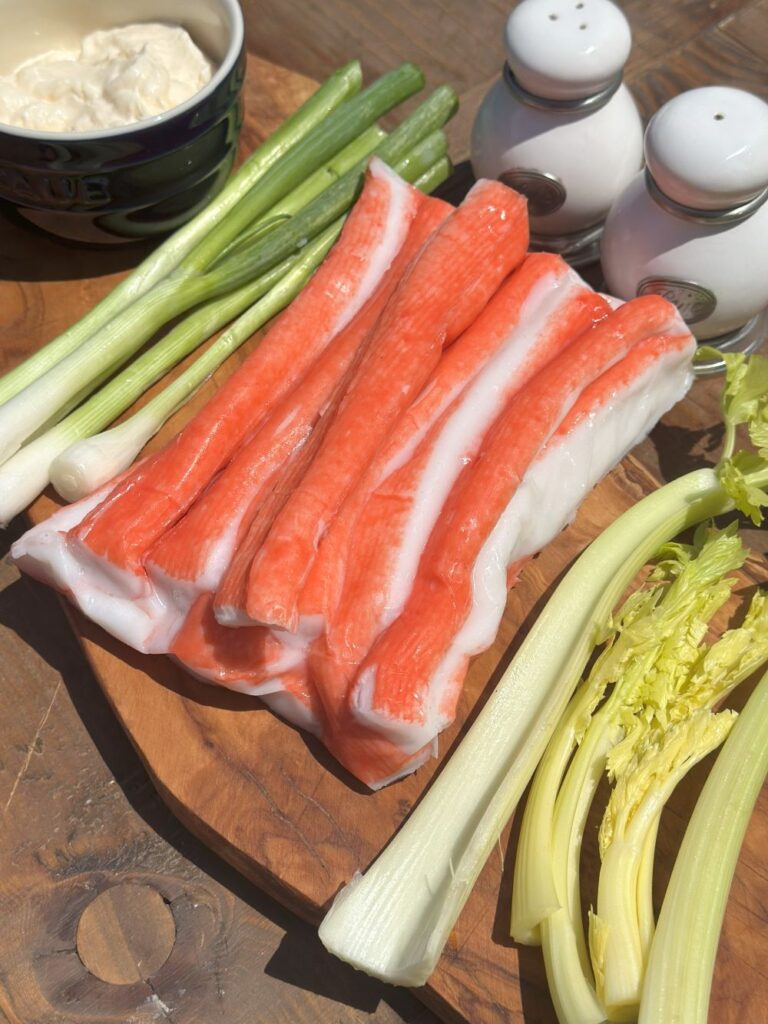 Crab Salad Ingredients on Wooden Board