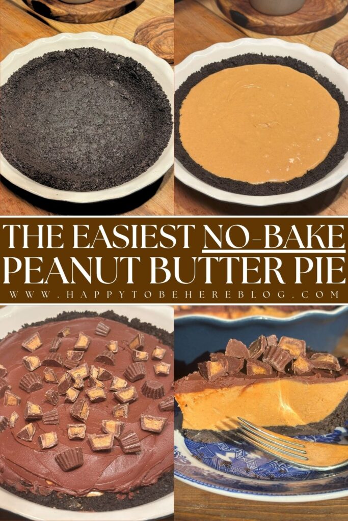 Pinterest graphic with text overlay for no-bake peanut butter pie — chocolate crust, peanut butter filling, and chocolate ganache topping.